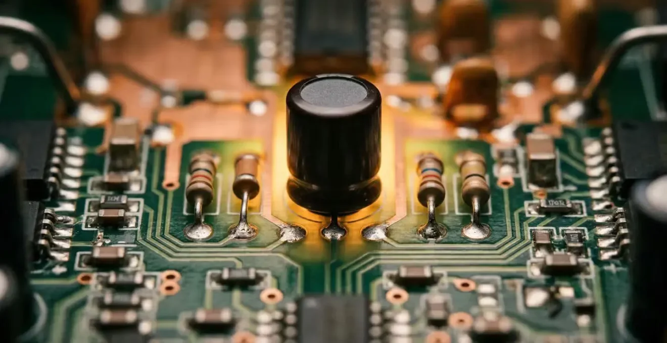 Close-up visualization of electrical components inside a dimmer showing capacitors and circuitry with warm lighting