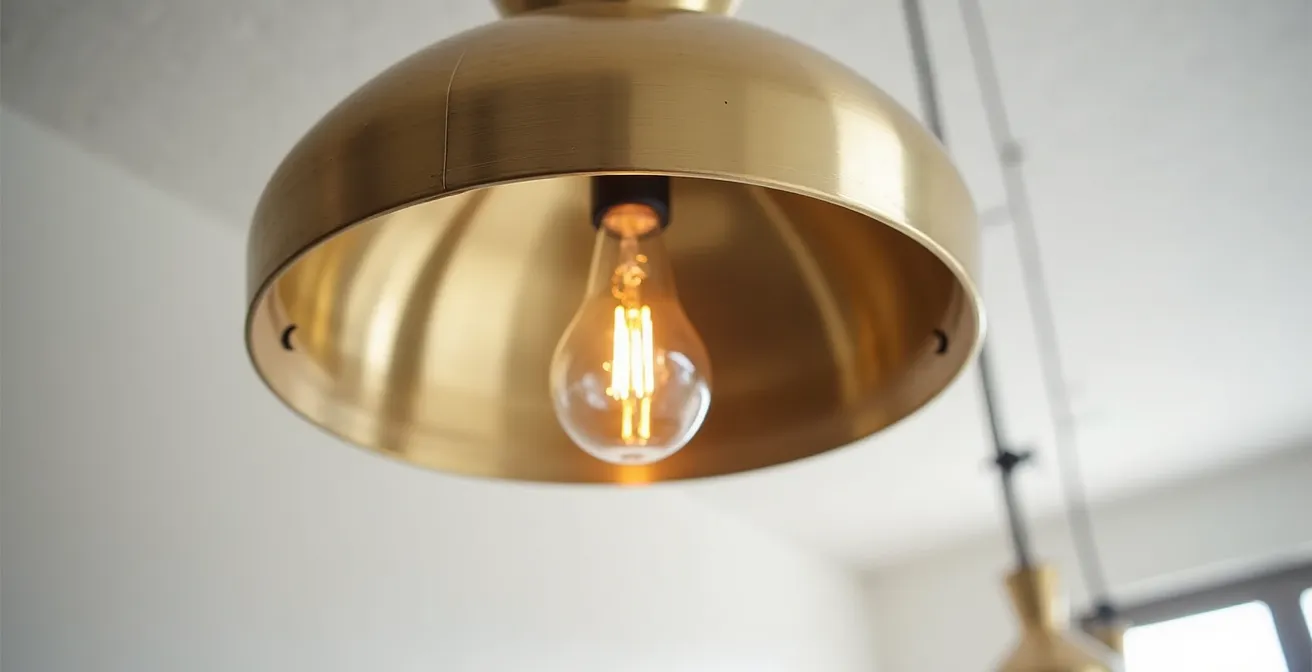 Close-up of brass pendant light showing elegant cable management with decorative ceiling hook creating intentional swag