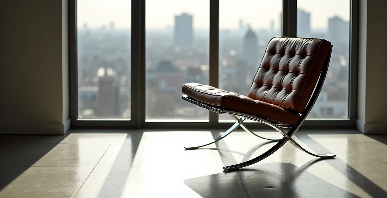 Authentic Knoll Barcelona Chair positioned in luxury London apartment with signature and craftsmanship details visible