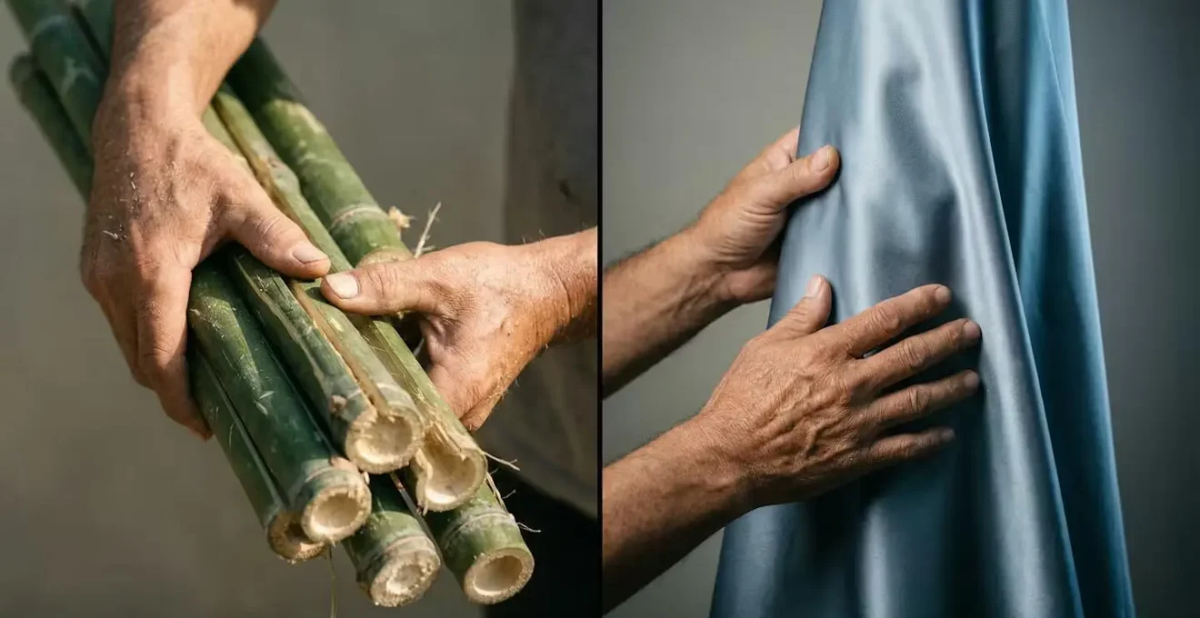 Split composition showing raw bamboo stalks contrasted with processed silky bamboo rayon fabric revealing the hidden chemical transformation