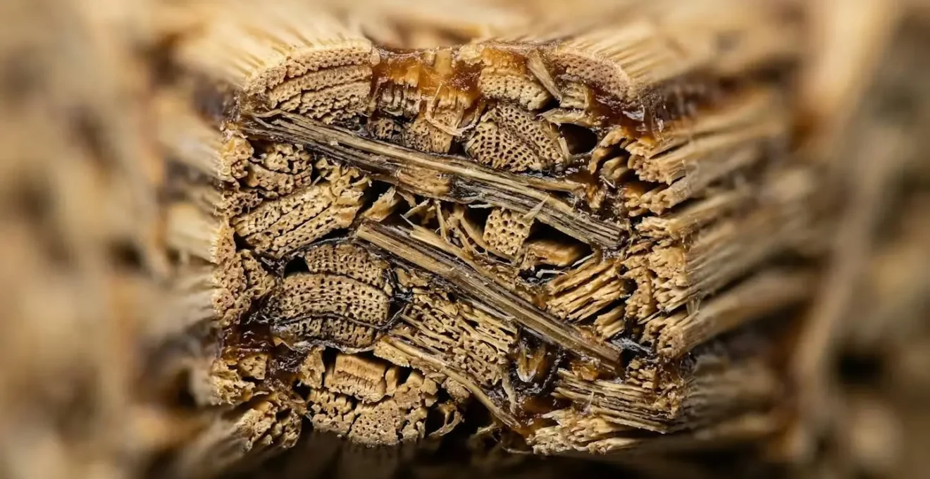 Extreme close-up of strand woven bamboo flooring cross-section revealing compressed interlocking fibers