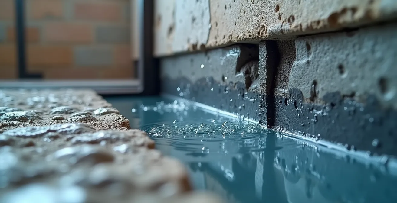 Detailed cross-section of basement waterproofing systems showing multiple protective layers and drainage channels