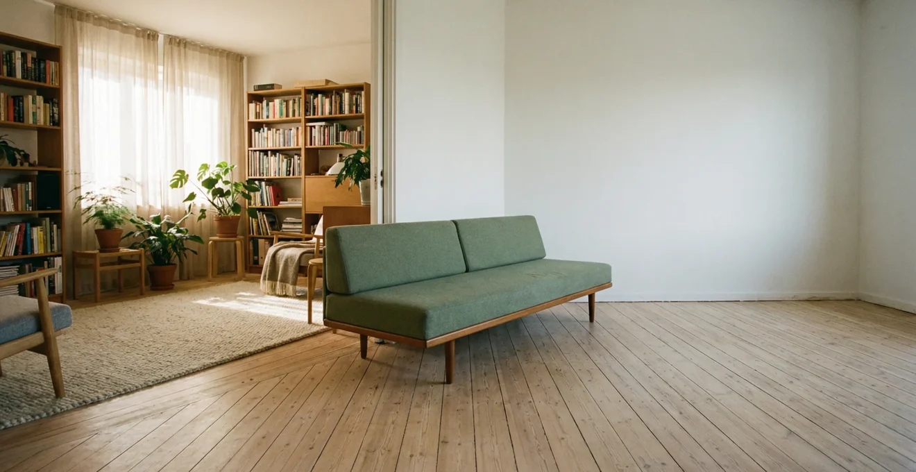 A minimalist living room with a modern sofa partially visible, soft natural light creating contrast between furnished and empty space, symbolizing the choice between renting and owning furniture.