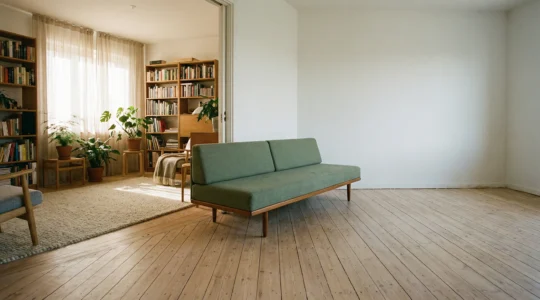 A minimalist living room with a modern sofa partially visible, soft natural light creating contrast between furnished and empty space, symbolizing the choice between renting and owning furniture.