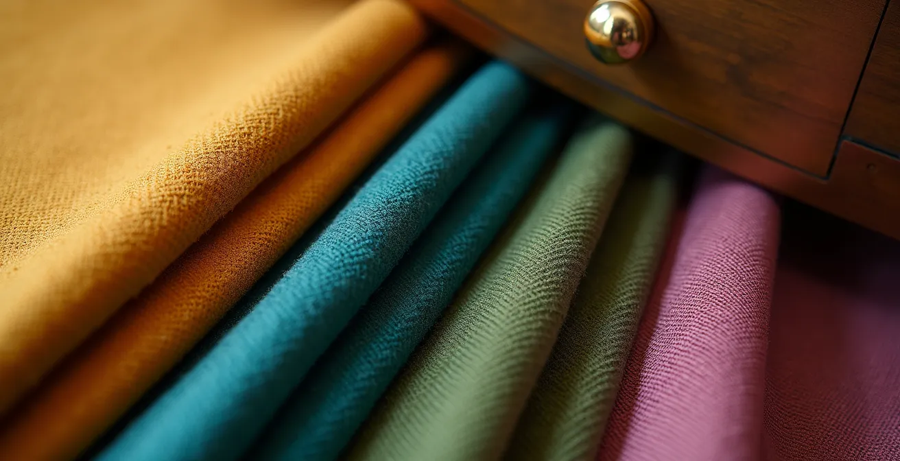 Close-up of a maximalist color palette showing brass accents threaded throughout different textiles and decorative objects