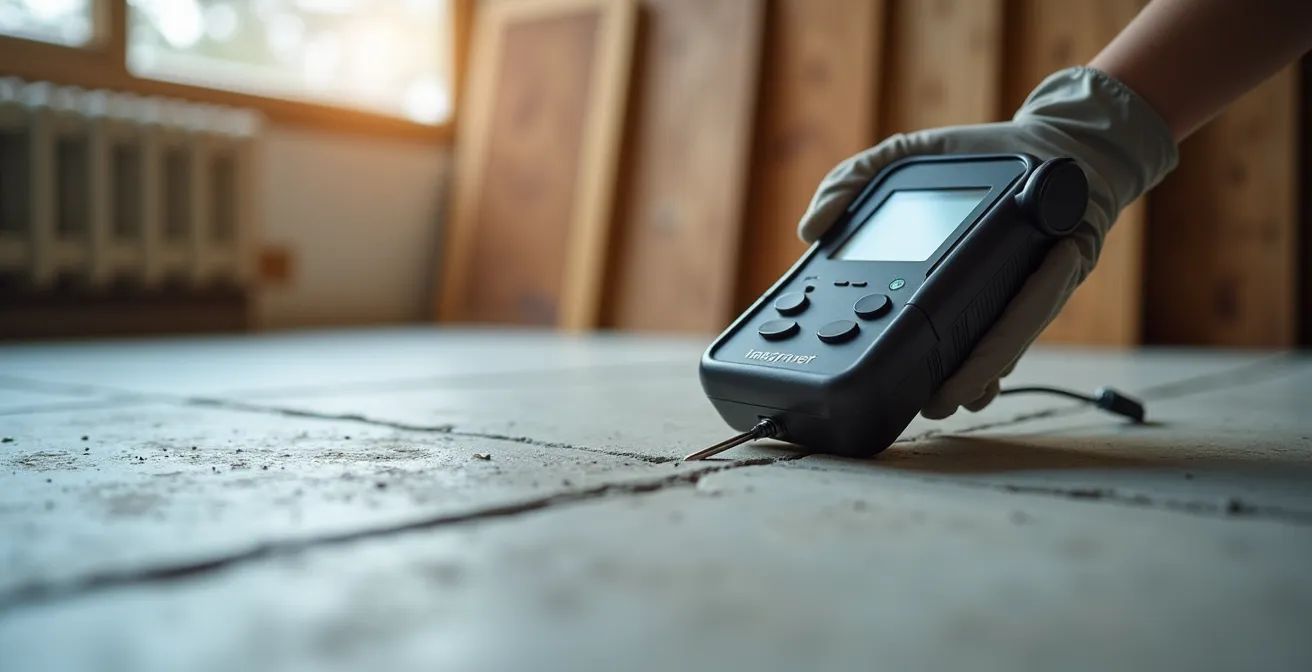 Professional testing concrete moisture levels before oak parquet installation