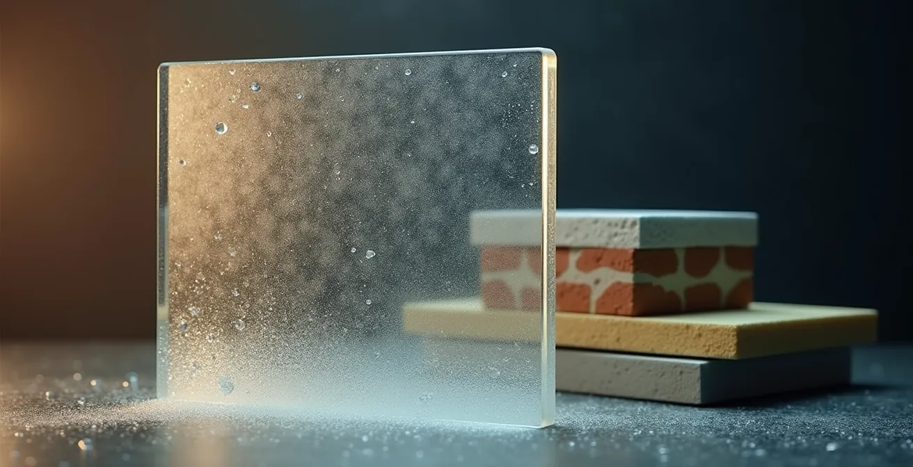 Cross-section diagram showing moisture condensation in wall structure