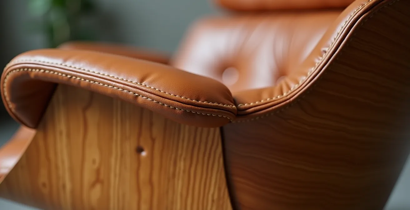 Close-up details of authentic Eames lounge chair craftsmanship
