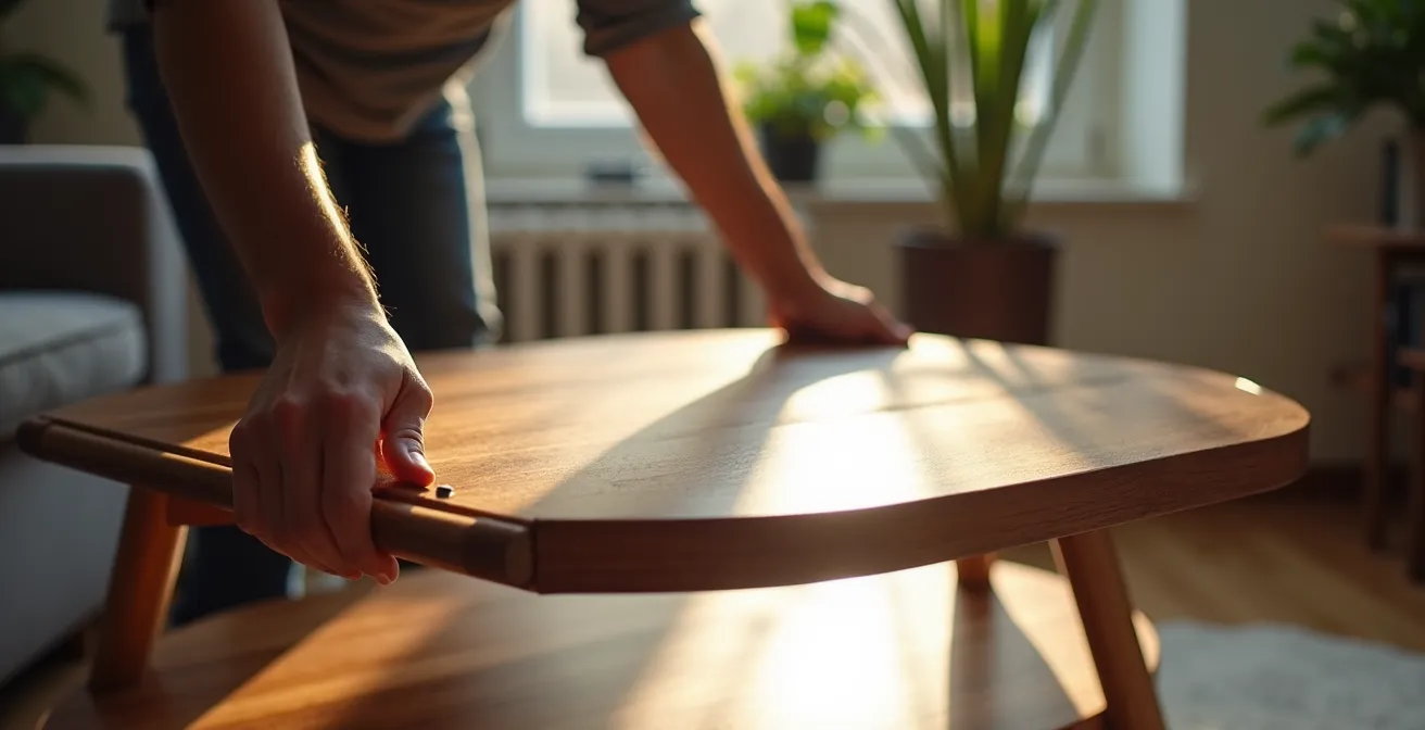 A coffee table with a butterfly leaf mechanism being expanded into a full dining setup