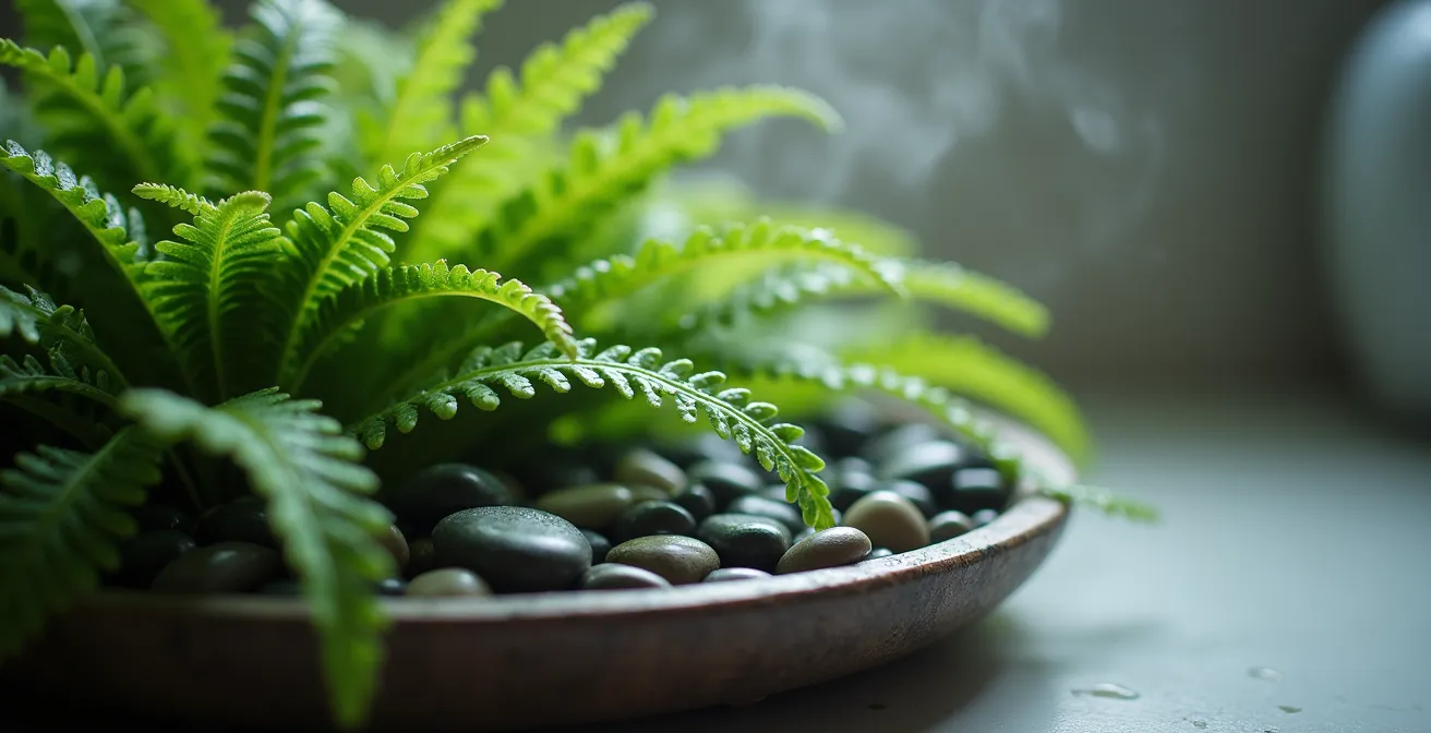 Macro shot of healthy fern fronds with water droplets in bathroom setting showing humidity techniques