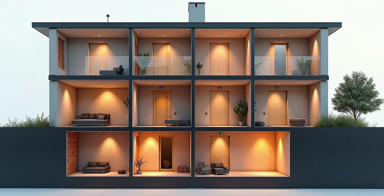 Technical diagram showing fire escape routes through a three-storey Victorian home with both loft and basement conversions