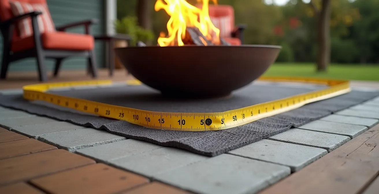 Cross-section view of a fire pit properly installed on a wooden deck with protective layers and safety clearances