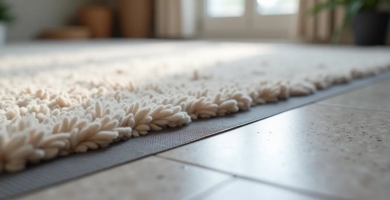 Close-up view of flooring transition between bedroom carpet and bathroom tiles showing waterproof membrane detail