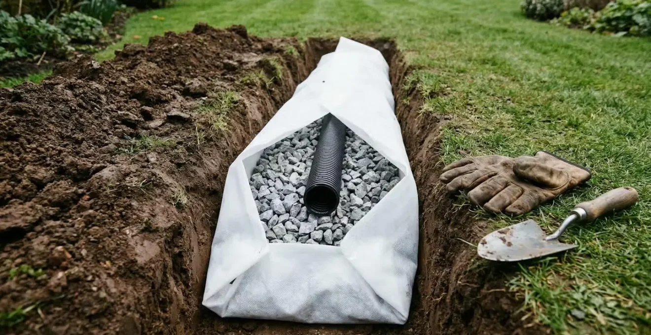 Close-up detail of French drain construction showing geotextile fabric wrapped around aggregate layers and perforated pipe installation for UK garden drainage.