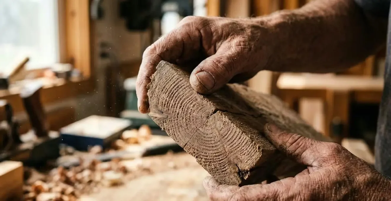 Hands examining wood grain texture with magnifying glass in workshop setting, representing careful inspection of timber provenance
