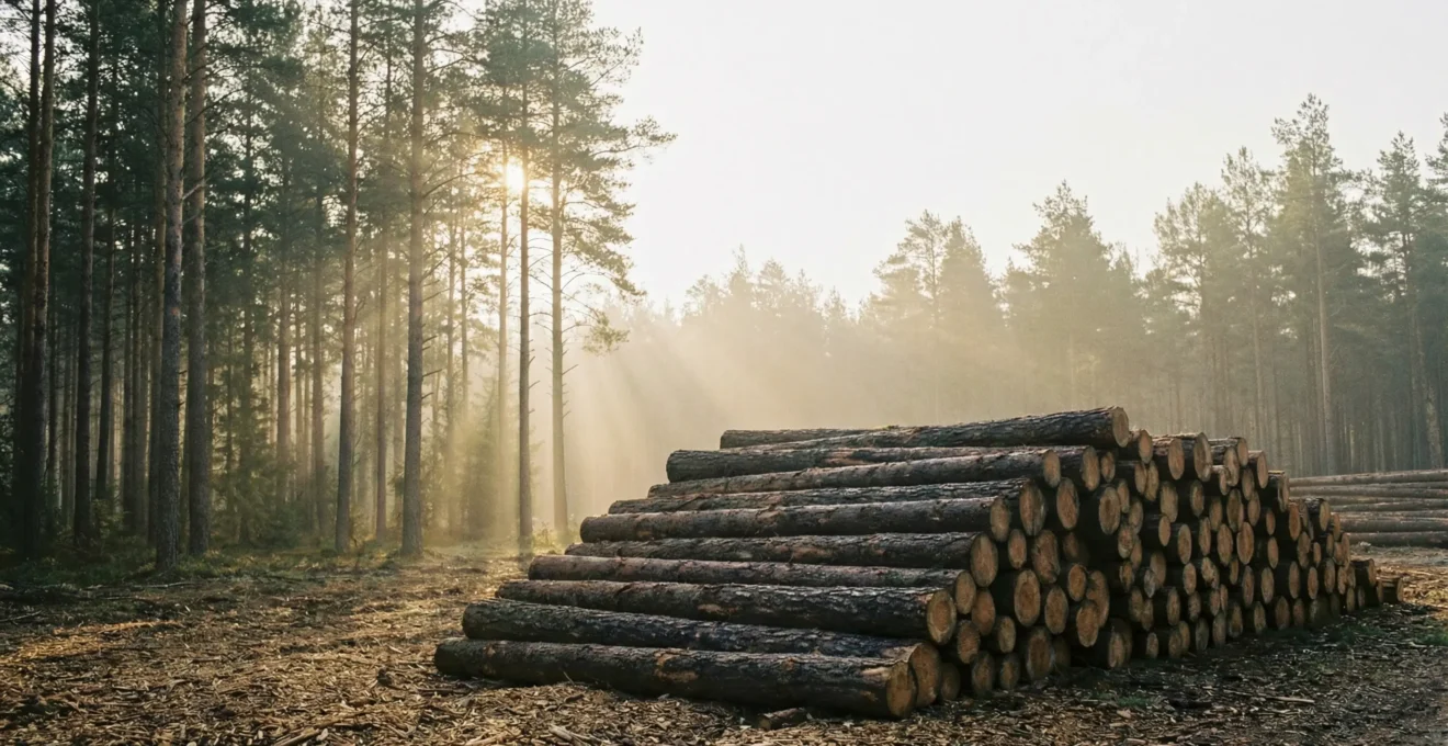 Close-up of freshly cut timber logs stacked in a forest setting with dappled sunlight filtering through trees, emphasizing wood grain textures and sustainable forestry atmosphere