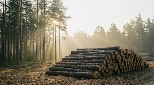 Close-up of freshly cut timber logs stacked in a forest setting with dappled sunlight filtering through trees, emphasizing wood grain textures and sustainable forestry atmosphere