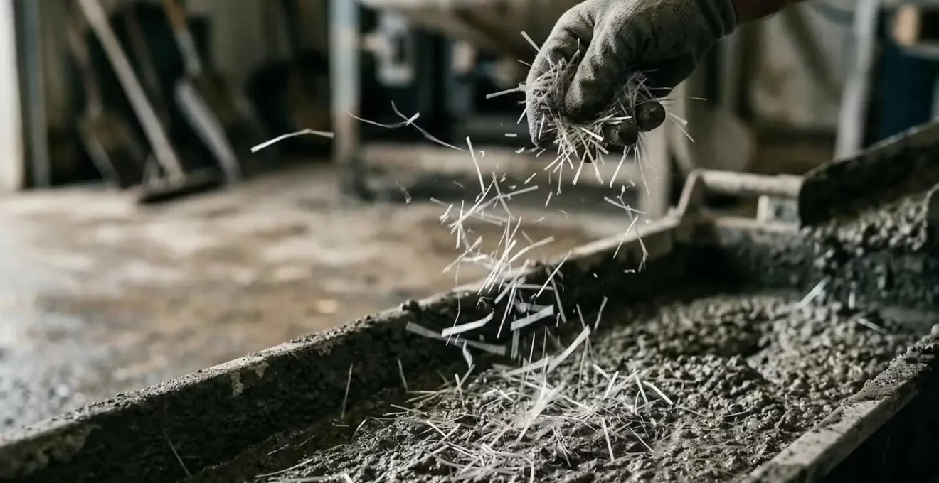 Close-up of alkali-resistant glass fibers being integrated into wet concrete mix showing multidirectional reinforcement pattern