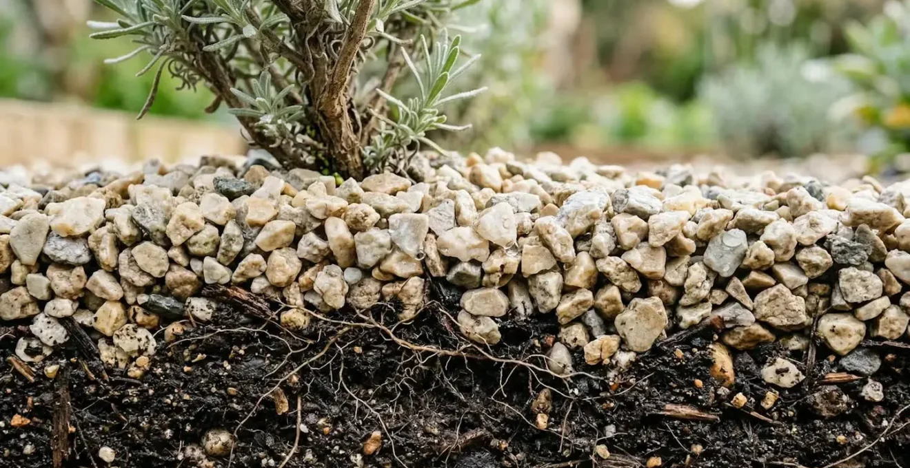 Cross-section view showing deep gravel mulch layers around Mediterranean plants, demonstrating proper drainage and crown protection in UK wet conditions.