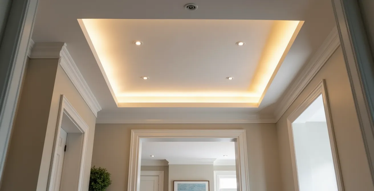 Interior view showing flush ceiling with hidden steel beam creating seamless open space