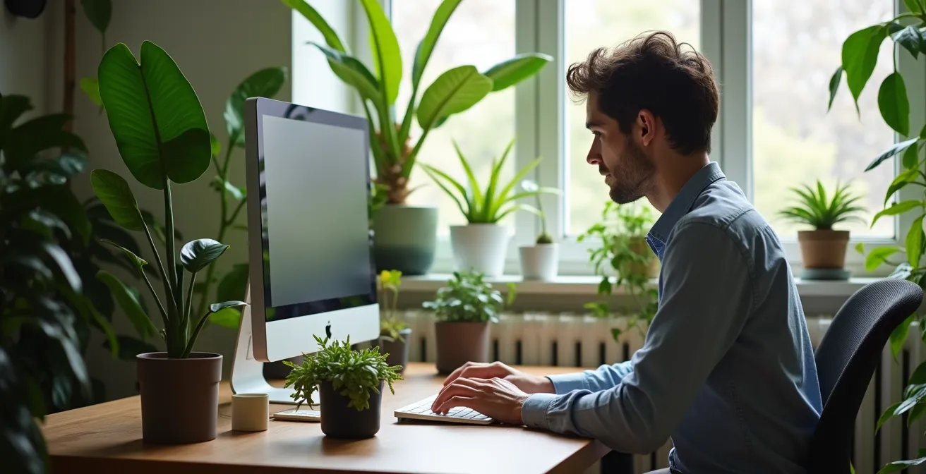 Home office workspace with multiple indoor plants and natural lighting creating focused environment