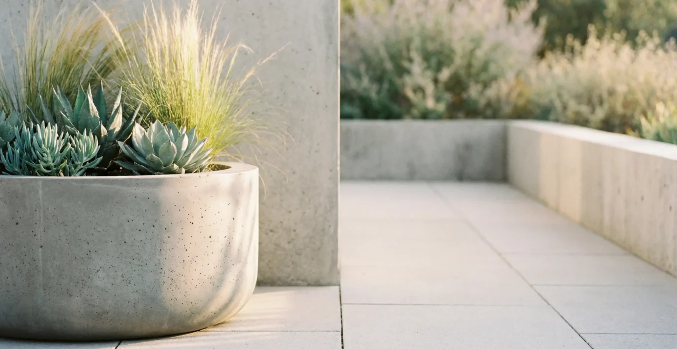A sleek, seamless concrete planter with smooth glass-like finish integrated into a contemporary outdoor garden space