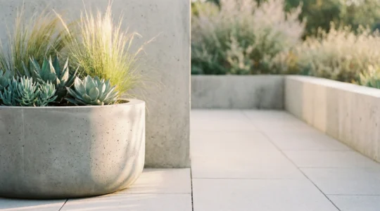 A sleek, seamless concrete planter with smooth glass-like finish integrated into a contemporary outdoor garden space
