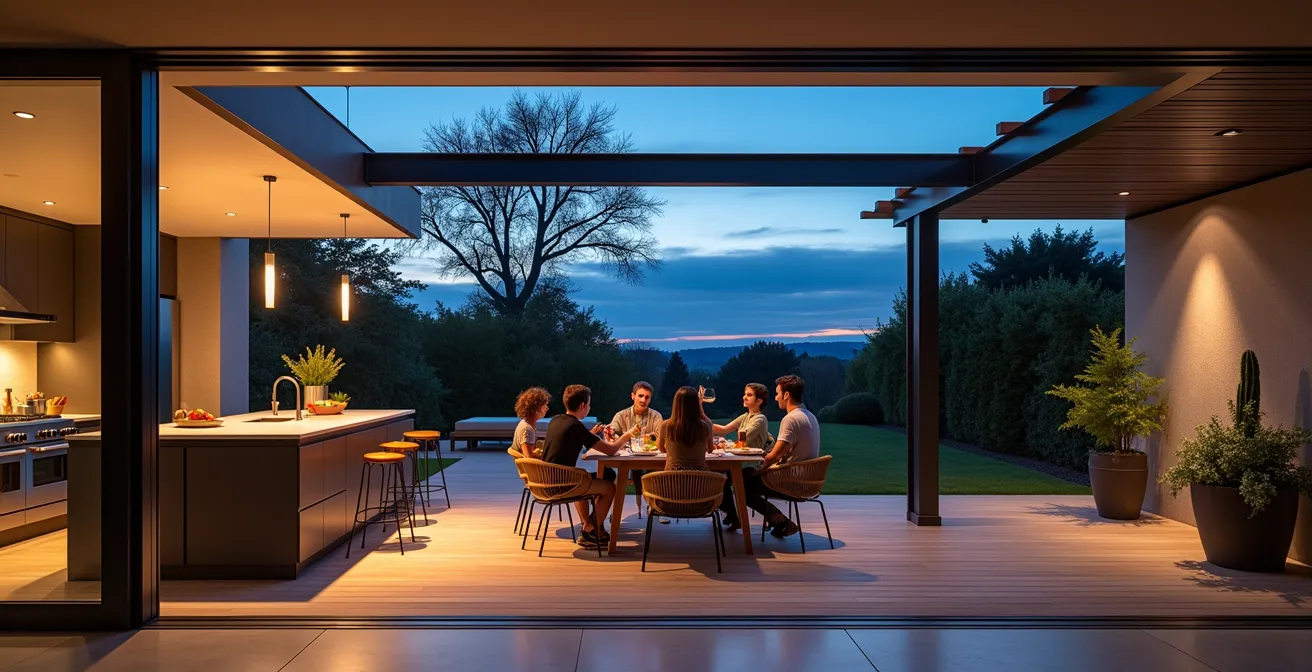 Seamless indoor-outdoor living space with a removed wall opening onto a modern pergola