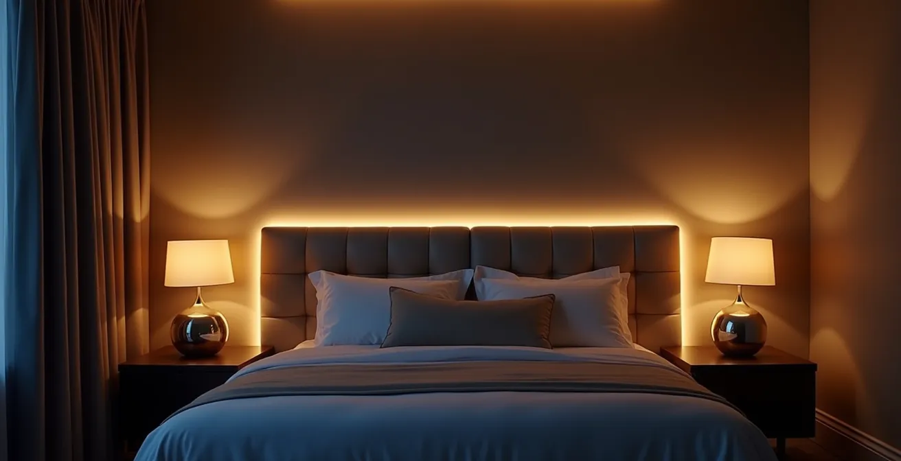 Master bedroom with multiple lighting layers creating a warm evening atmosphere