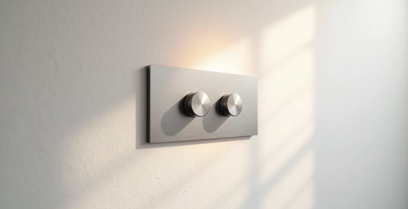 Modern trailing-edge dimmer switch on textured wall with soft ambient lighting