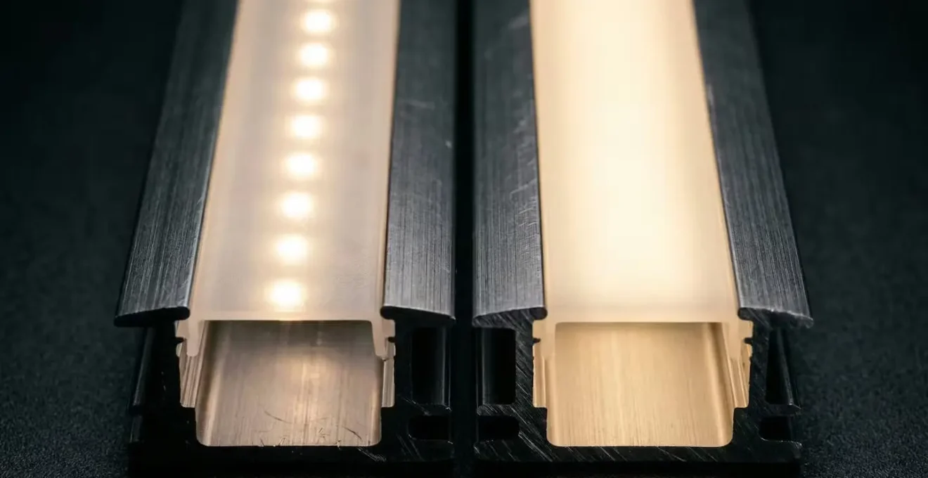 Macro close-up comparing LED strip light dotting effect versus seamless COB illumination in aluminum channel