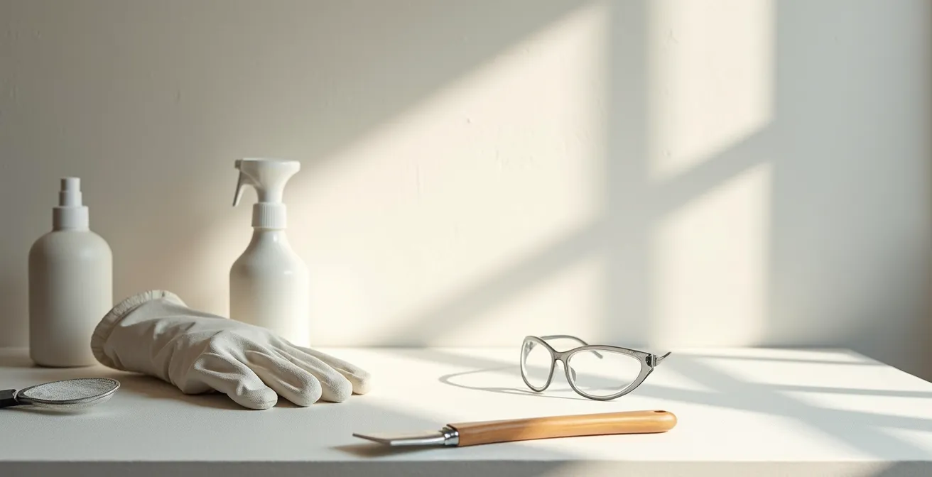 Safety equipment arranged for lime wash application including gloves and protective gear