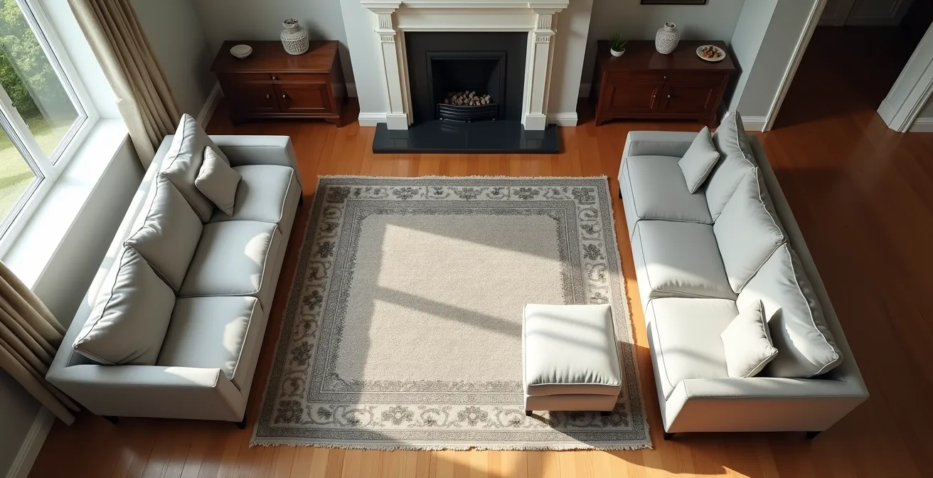 Aerial view of UK living room showing modular sofa configuration around chimney breast with clear traffic paths