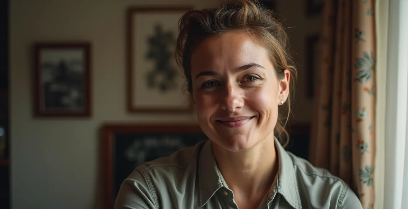 Low wooden sofa with tall floor lamp creating vertical balance in Victorian room with high ceilings