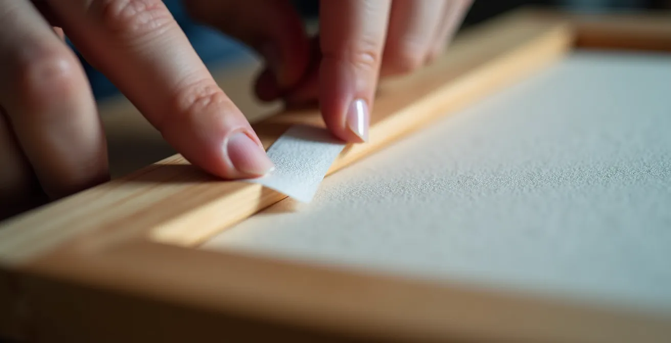 Extreme close-up of adhesive strips being applied to the wooden back of a canvas frame
