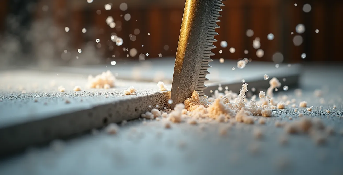 Extreme close-up of diamond blade cutting through porcelain tile edge showing precise cut without chipping