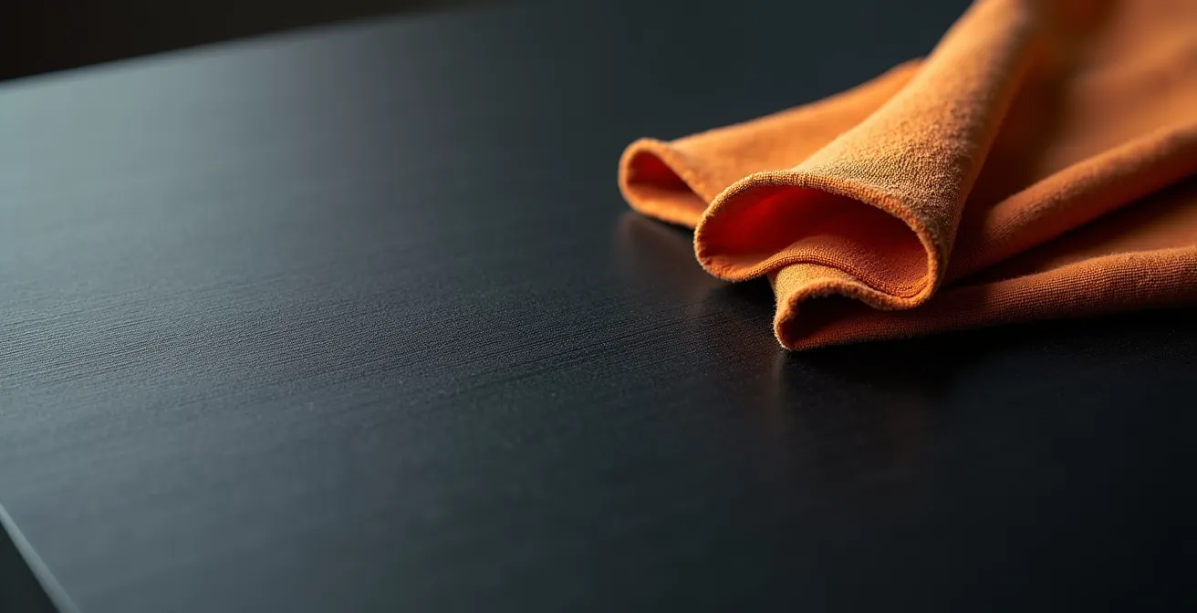 Extreme close-up of matte cabinet surface showing texture detail and repair technique