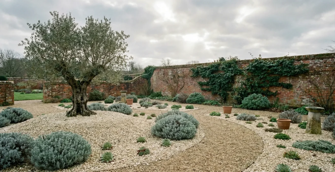 A Mediterranean-style gravel garden with lavender, olive trees and succulents adapted to wet British winter conditions, showing drainage solutions and frost-resistant planting techniques.