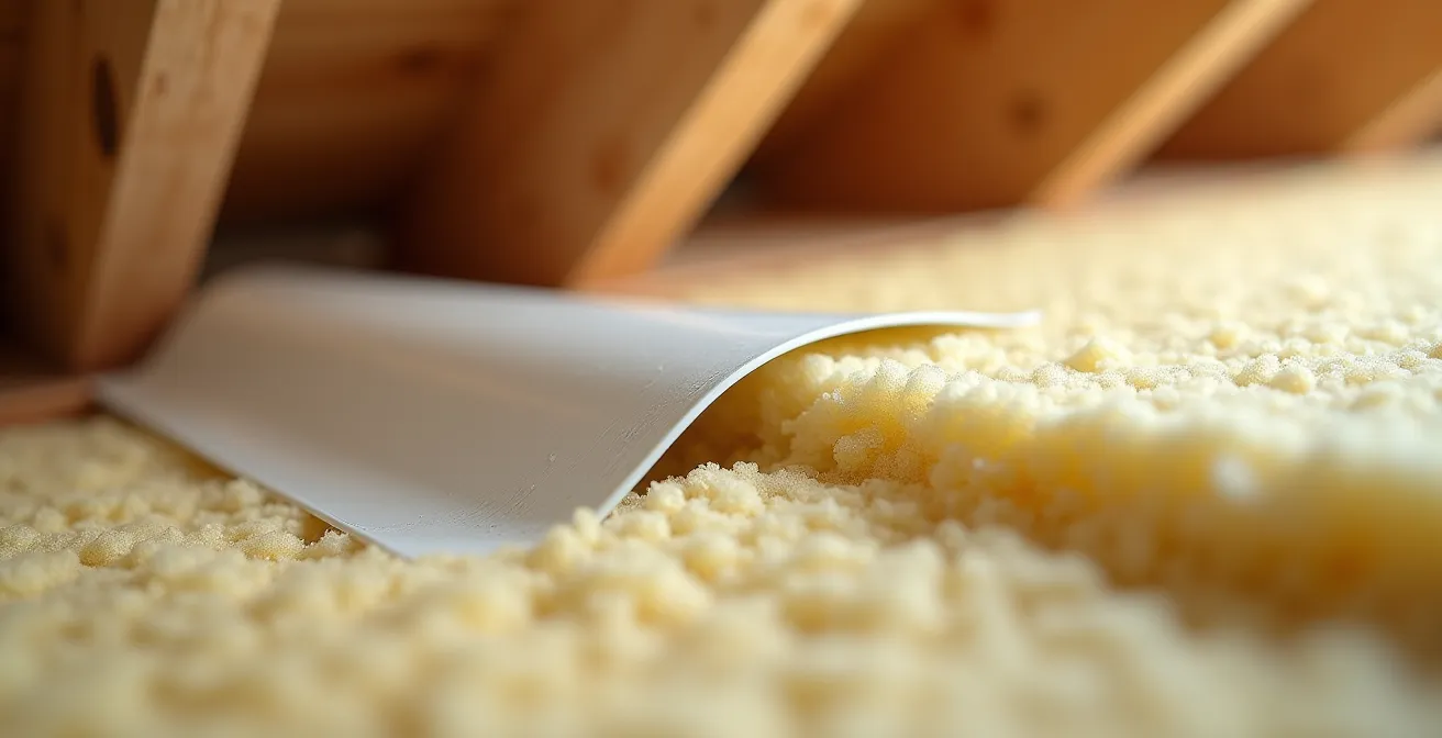 Close-up view of eaves ventilation baffles installed with mineral wool insulation