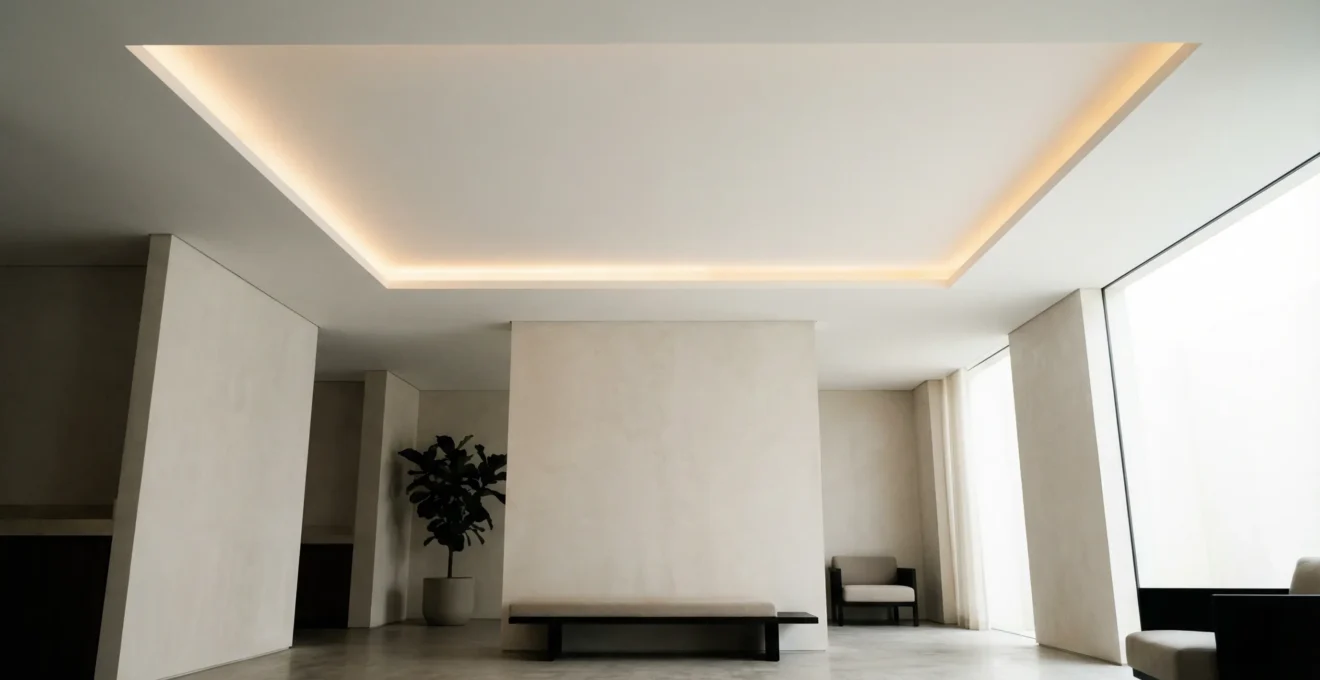 Modern minimalist white ceiling with subtle shadow gap LED lighting creating an elegant ambient glow around the perimeter