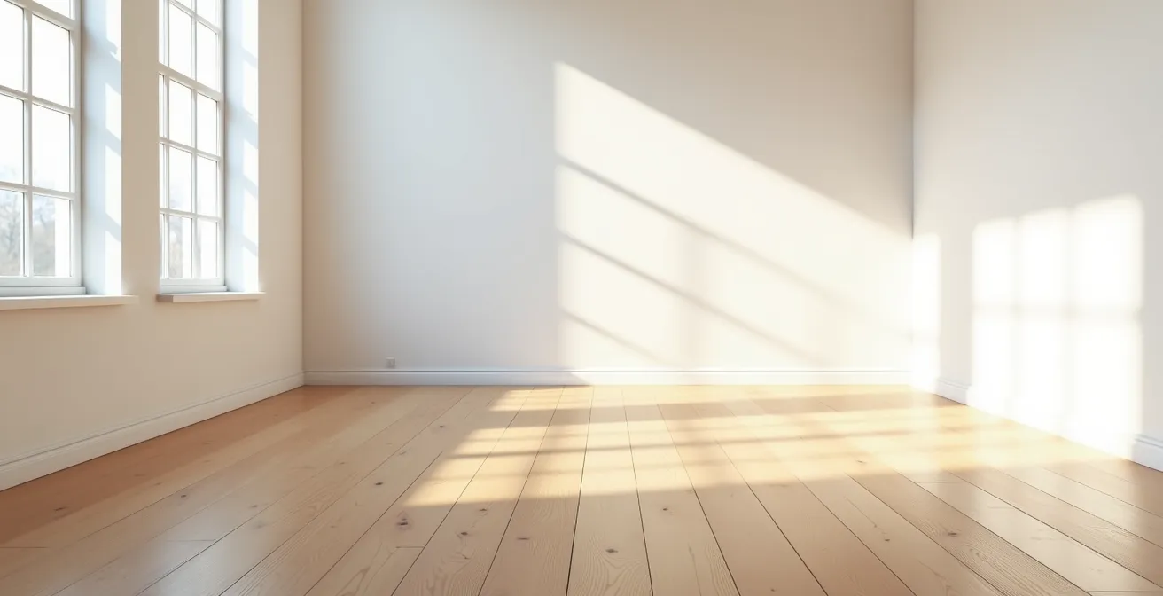 Wide angle view of a bright minimalist room with restored pine floorboards showing natural grain patterns