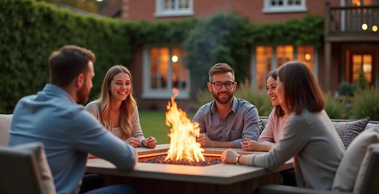 Contemporary gas fire pit integrated into a traditional UK garden with older property backdrop