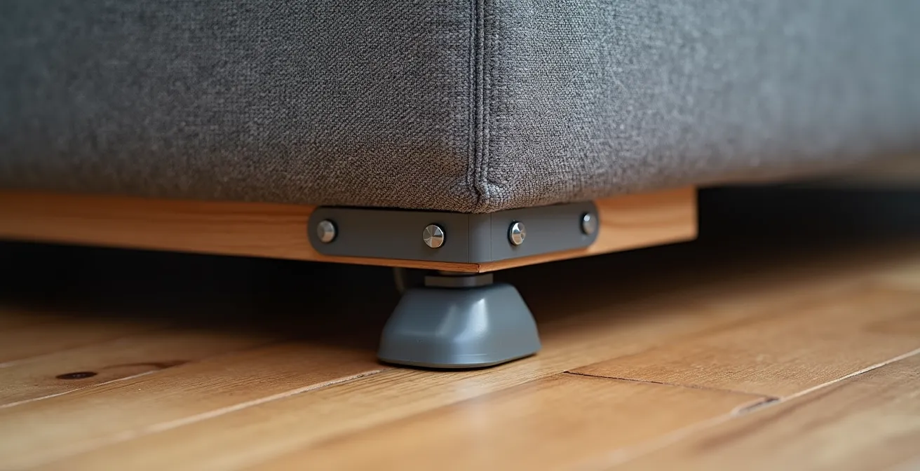 Close-up view of modular sofa connection mechanisms and adjustable feet on an uneven floor