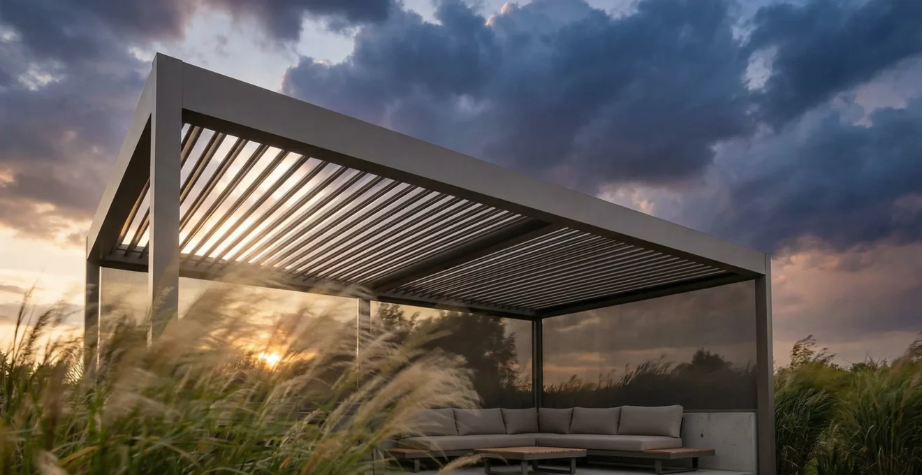 Modern aluminum louvered pergola with louvers in open position during wind, showing automated protection system in action