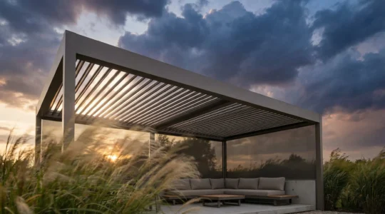 Modern aluminum louvered pergola with louvers in open position during wind, showing automated protection system in action