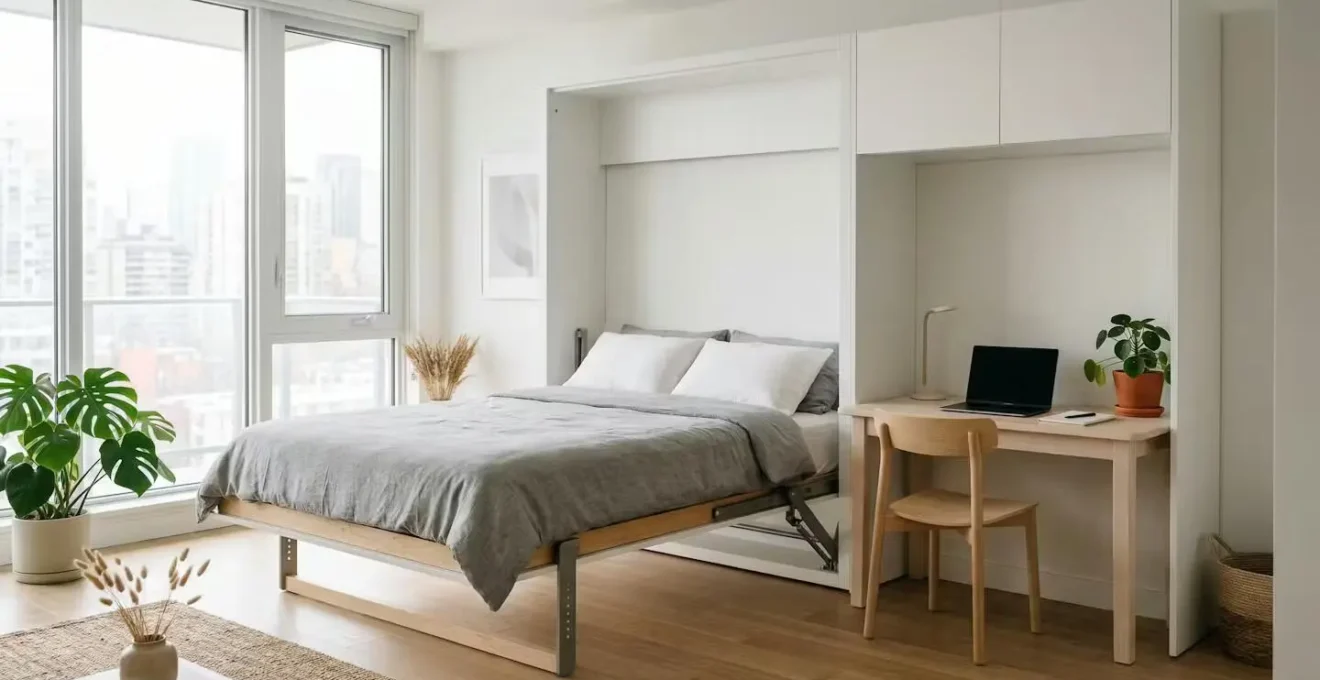 A bright, compact urban apartment with a partially folded wall bed revealing dual-use living space, soft morning light highlighting the room's versatility.