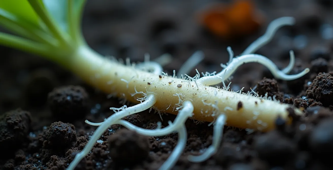 Extreme close-up of plant roots with mycorrhizal fungal networks