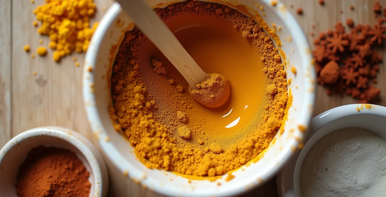 Various earth pigments being mixed with lime wash in traditional vessels