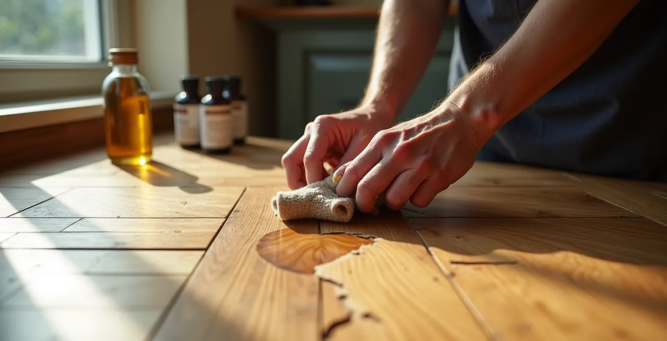 Close-up view of repairing a scratch on oiled herringbone parquet flooring