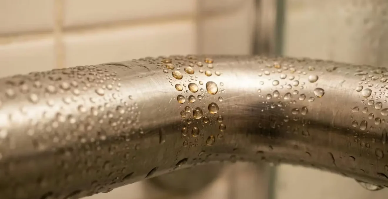 Macro close-up of water droplets on brushed metal bathroom fixture with warm ambient light reflection